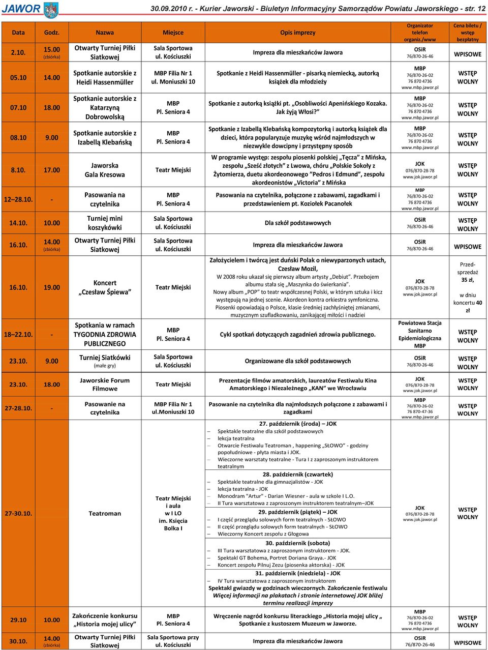 00 Otwarty Turniej Piłki Siatkowej Spotkanie autorskie z Heidi Hassenmüller Spotkanie autorskie z Katarzyną Dobrowolską Spotkanie autorskie z Izabellą Klebaoską Jaworska Gala Kresowa Pasowania na