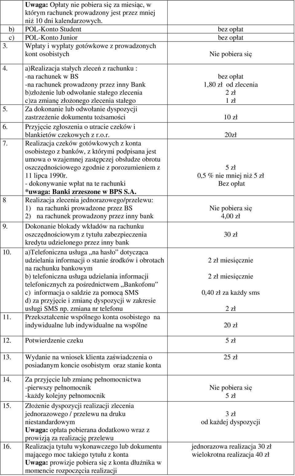 a)realizacja stałych zleceń z rachunku : -na rachunek w BS -na rachunek prowadzony przez inny Bank b)złożenie lub odwołanie stałego zlecenia c)za zmianę złożonego zlecenia stałego 5.