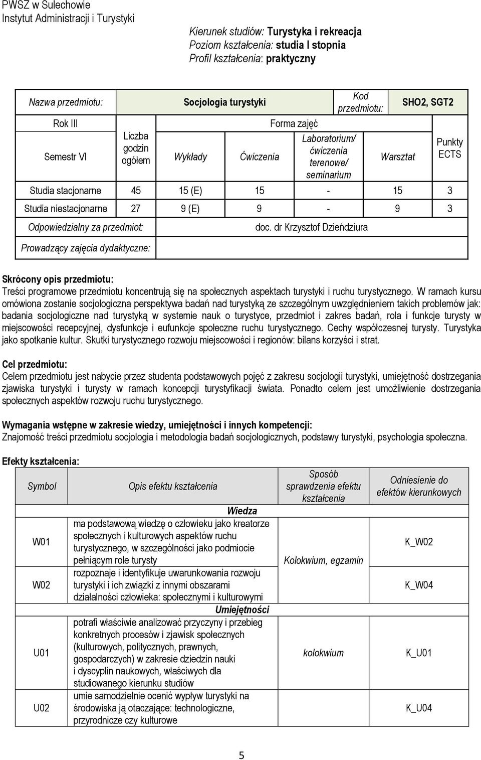 15-15 3 Studia niestacjonarne 27 9 (E) 9-9 3 Odpowiedzialny za przedmiot: Prowadzący zajęcia dydaktyczne: doc.