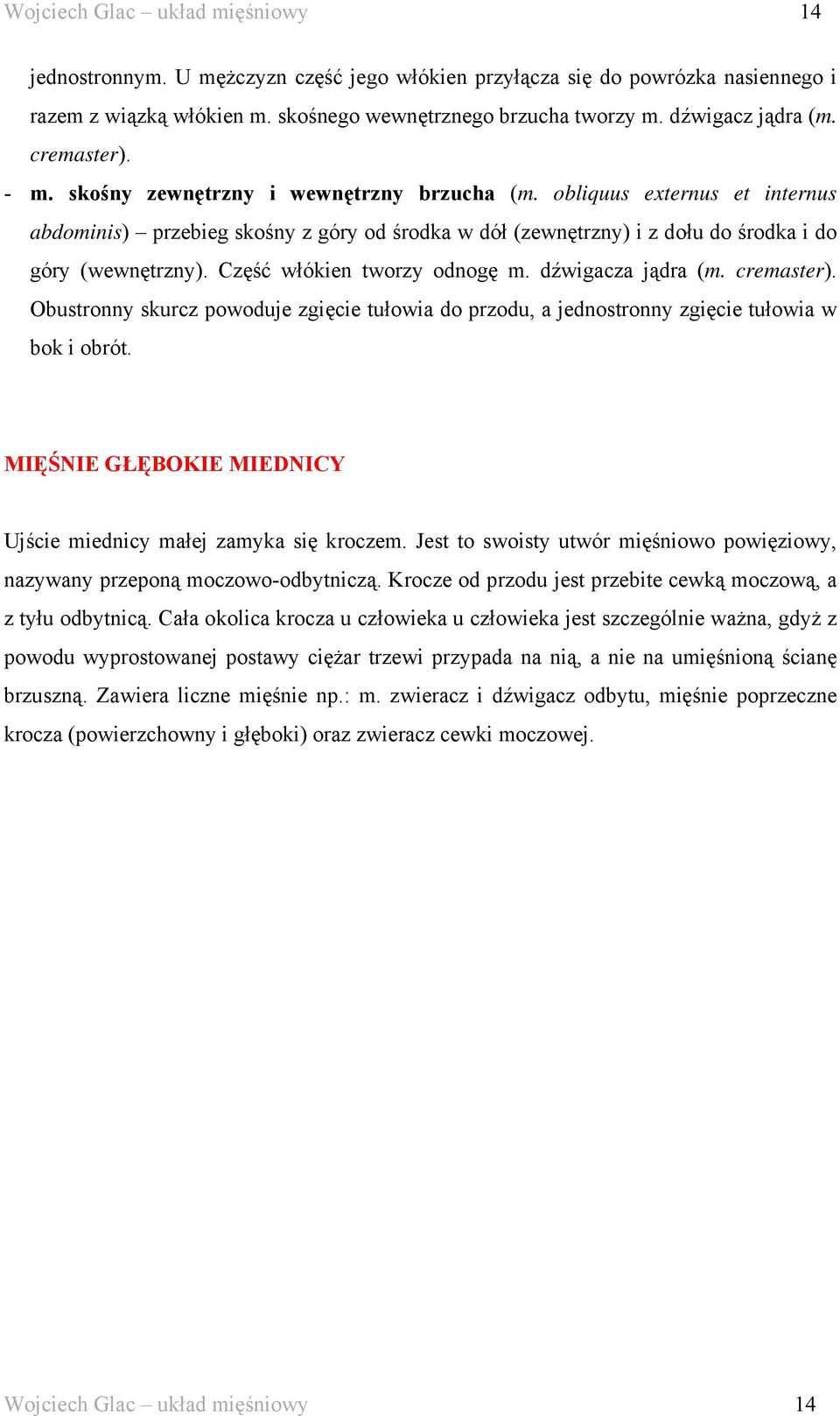 obliquus externus et internus abdominis) przebieg skośny z góry od środka w dół (zewnętrzny) i z dołu do środka i do góry (wewnętrzny). Część włókien tworzy odnogę m. dźwigacza jądra (m. cremaster).