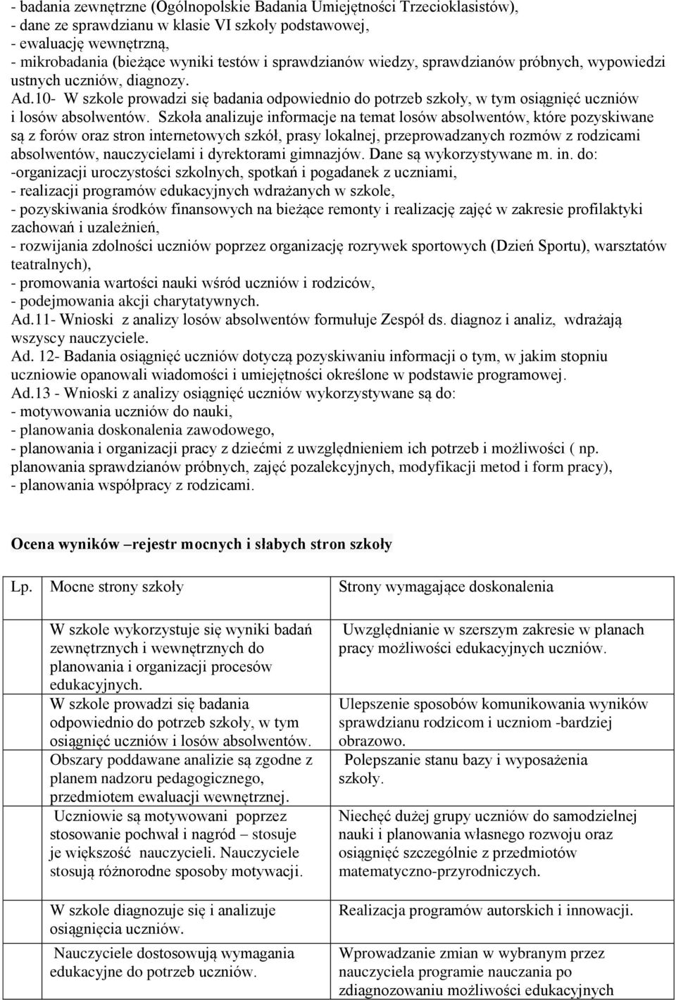 Szkoła analizuje informacje na temat losów absolwentów, które pozyskiwane są z forów oraz stron internetowych szkół, prasy lokalnej, przeprowadzanych rozmów z rodzicami absolwentów, nauczycielami i