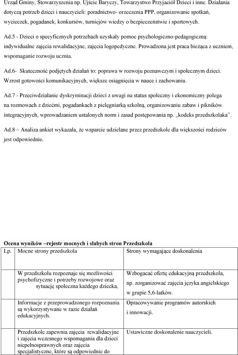 5 - Dzieci o specyficznych potrzebach uzyskały pomoc psychologiczno-pedagogiczną: indywidualne zajęcia rewalidacyjne, zajęcia logopedyczne.