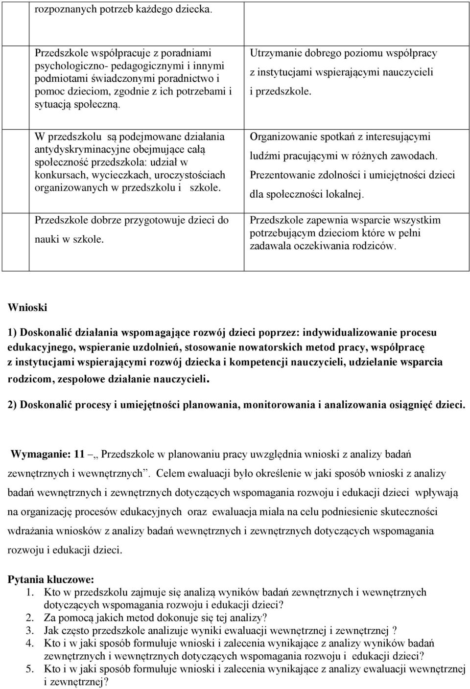 Utrzymanie dobrego poziomu współpracy z instytucjami wspierającymi nauczycieli i przedszkole.