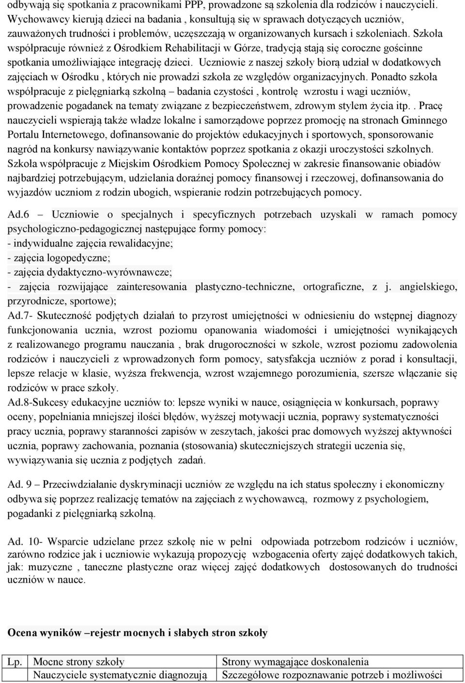 Szkoła współpracuje również z Ośrodkiem Rehabilitacji w Górze, tradycją stają się coroczne gościnne spotkania umożliwiające integrację dzieci.