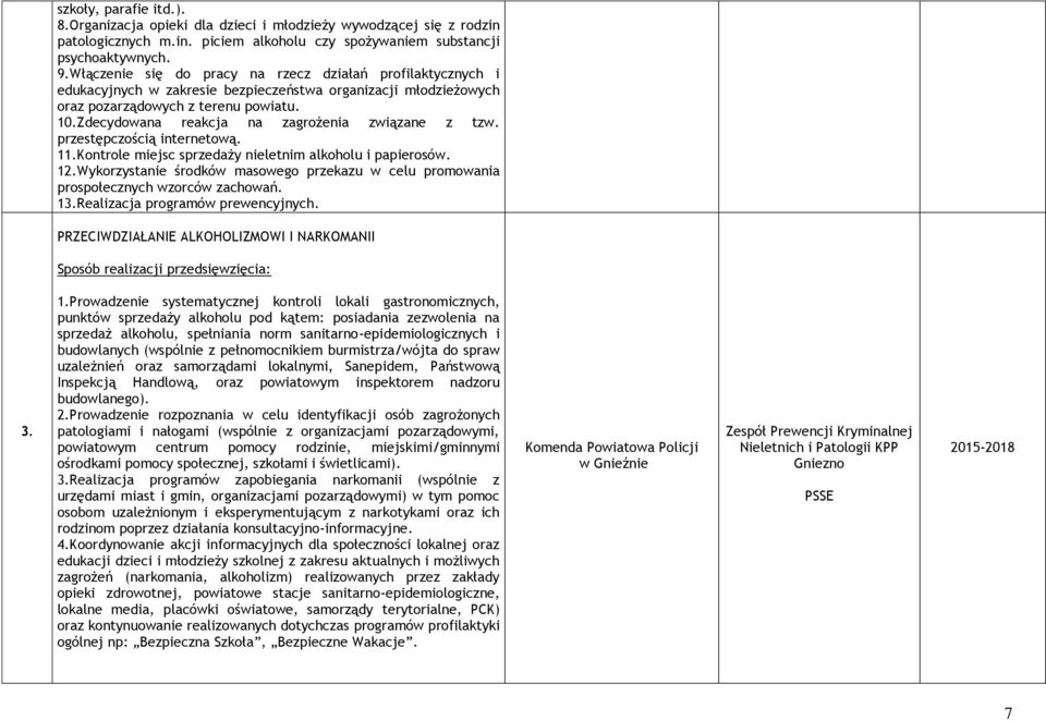 Zdecydowana reakcja na zagrożenia związane z tzw. przestępczością internetową. 11.Kontrole miejsc sprzedaży nieletnim alkoholu i papierosów. 12.