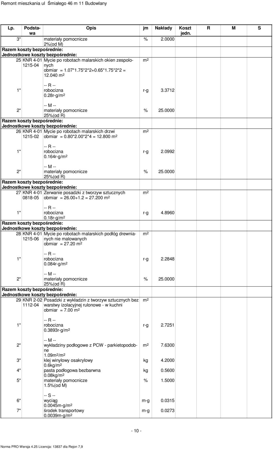 0992 2* ateriały poocnicze 25%(od R) 27 KNR 4-01 0818-05 Zerwanie posadzki z tworzyw sztucznych obiar = 26.00+1.2 = 27.200 % 25.0000 r-g 4.8960 0.