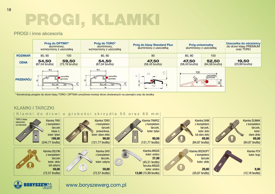 47,50 (58,43 brutto) 47,50 (58,43 brutto) 52,50 (64,58 brutto) 19,50 (23,99 brutto) Przekrój * Konstrukcja progów do drzwi klasy TORO i OPTIMA umożliwia montaż drzwi otwieranych na zewnątrz oraz do