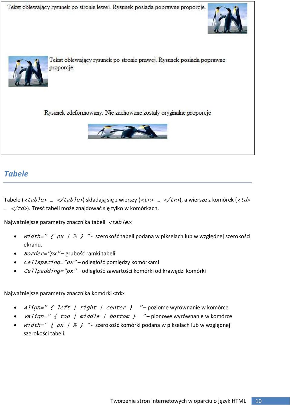 Border= px grubość ramki tabeli Cellspacing= px odległość pomiędzy komórkami Cellpadding= px odległość zawartości komórki od krawędzi komórki Najważniejsze parametry