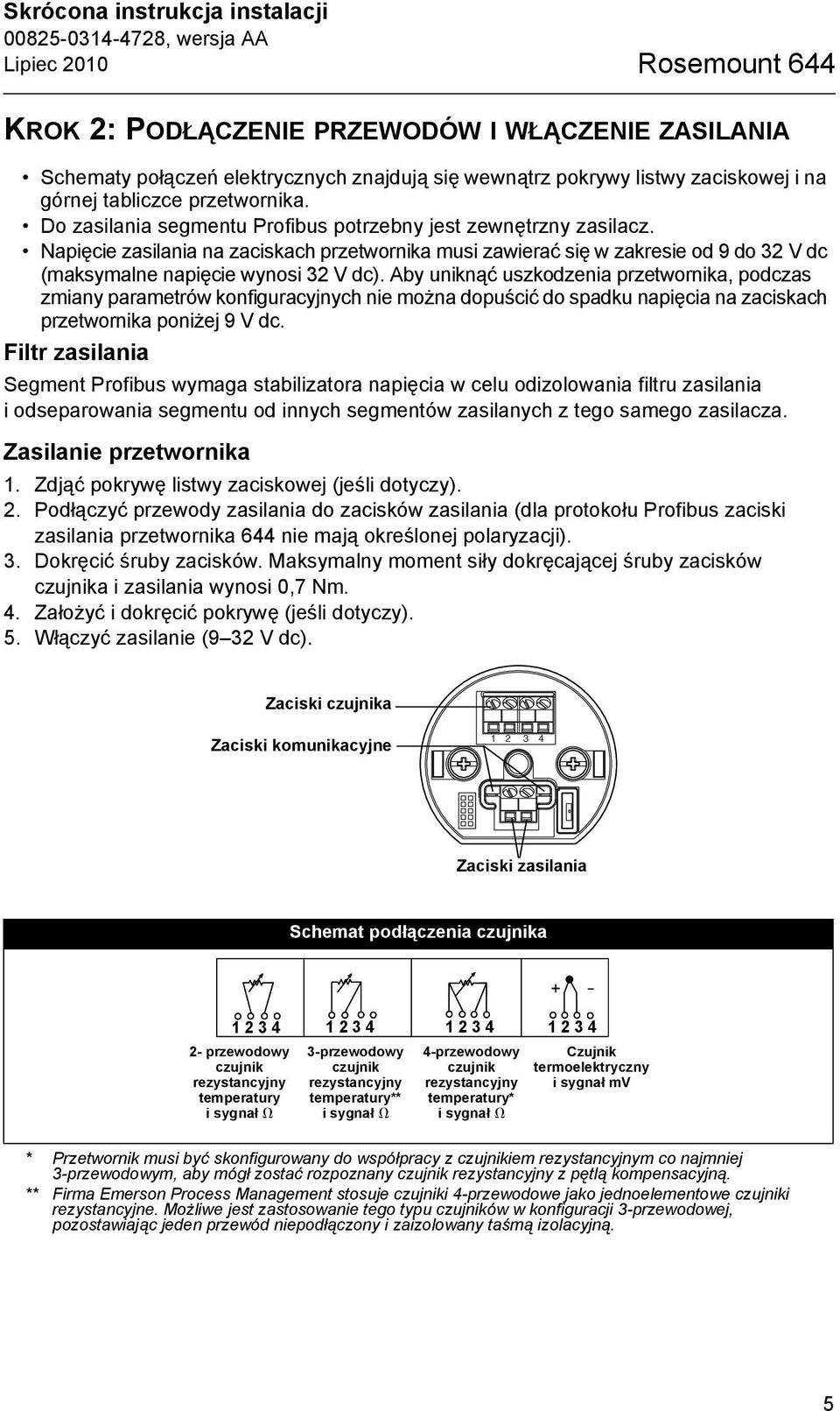 Napięcie zasilania na zaciskach przetwornika musi zawierać się w zakresie od 9 do 32 V dc (maksymalne napięcie wynosi 32 V dc).