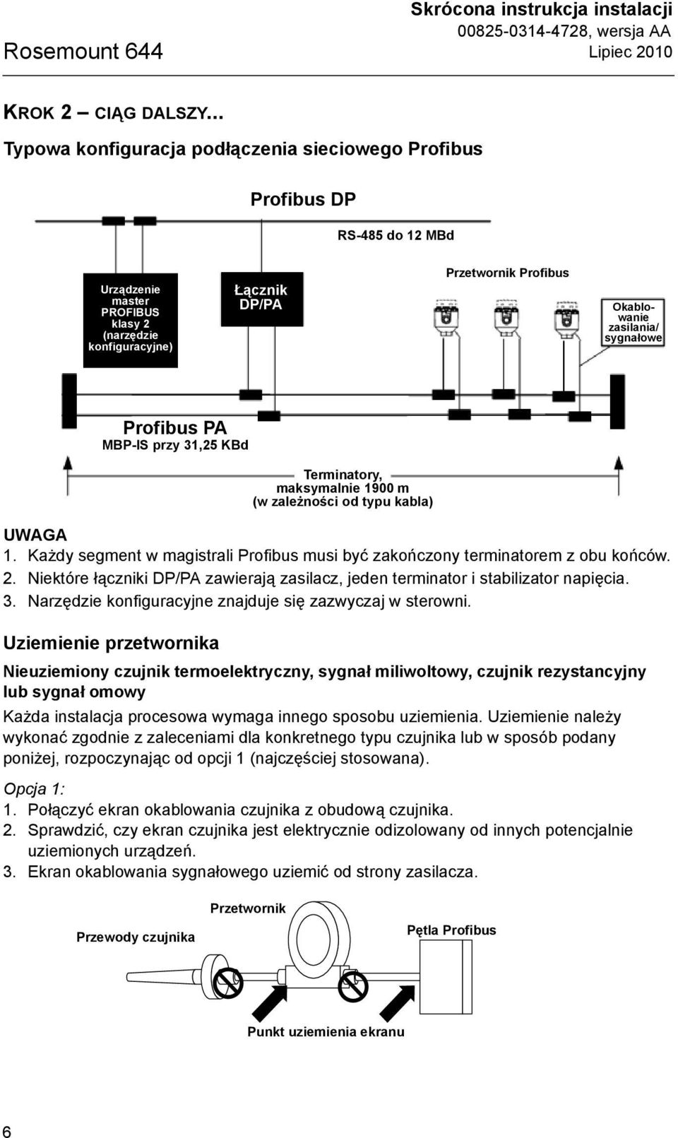 zasilania/ sygnałowe Profibus PA MBP-IS przy 31,25 KBd UWAGA 1. Każdy segment w magistrali Profibus musi być zakończony terminatorem z obu końców. 2.