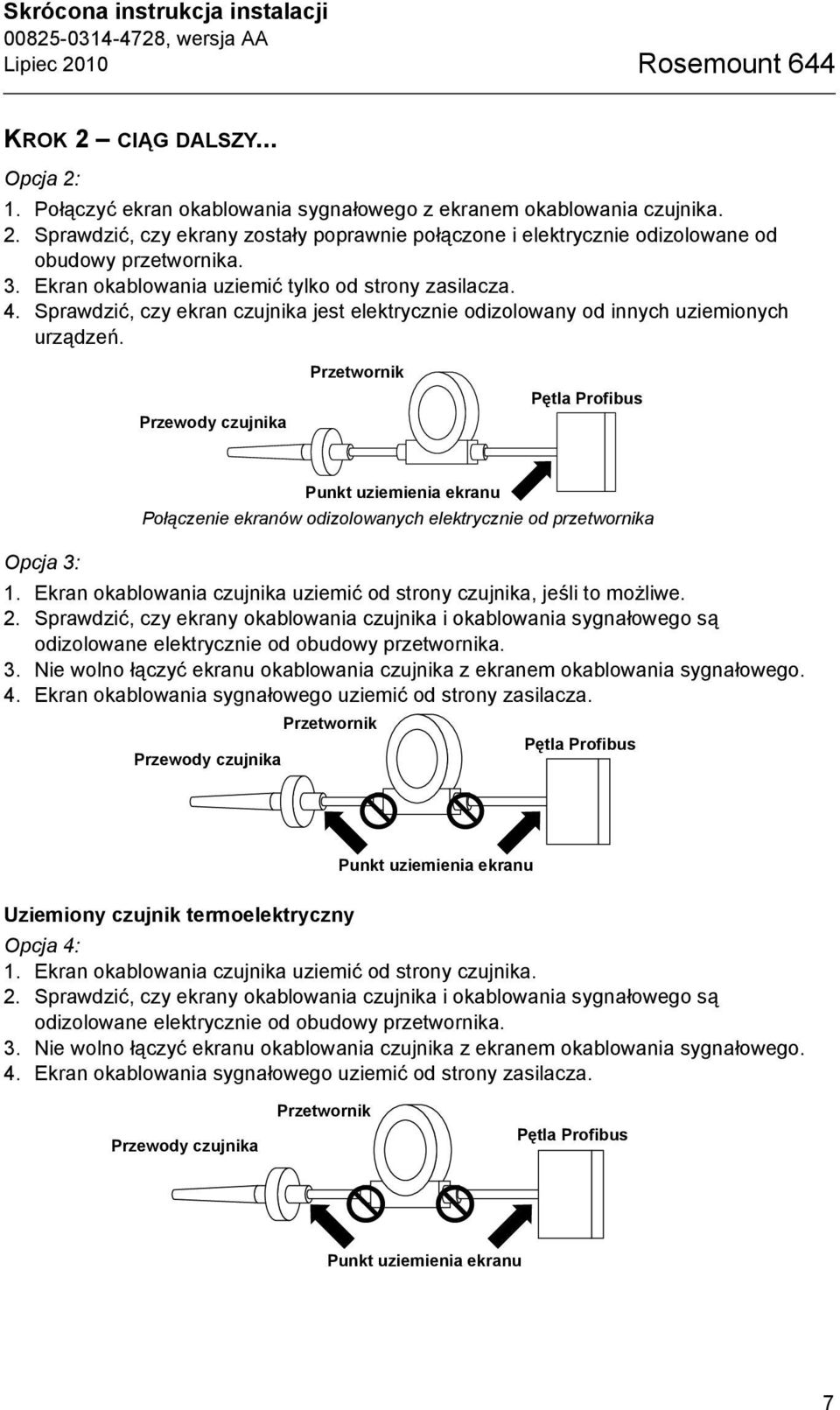 Przewody czujnika Przetwornik Pętla Profibus Punkt uziemienia ekranu Połączenie ekranów odizolowanych elektrycznie od przetwornika Opcja 3: 1.