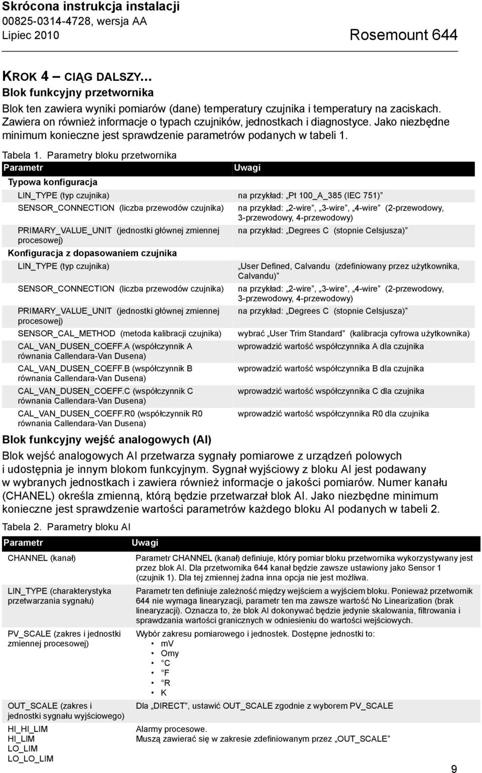 Parametry bloku przetwornika Parametr Uwagi Typowa konfiguracja LIN_TYPE (typ czujnika) na przykład: Pt 100_A_385 (IEC 751) SENSOR_CONNECTION (liczba przewodów czujnika) na przykład: 2-wire, 3-wire,