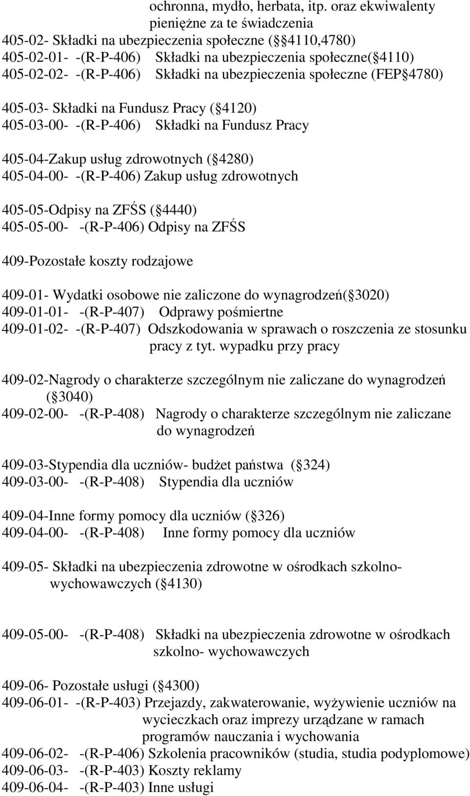 ubezpieczenia społeczne (FEP 4780) 405-03- Składki na Fundusz Pracy ( 4120) 405-03-00- -(R-P-406) Składki na Fundusz Pracy 405-04-Zakup usług zdrowotnych ( 4280) 405-04-00- -(R-P-406) Zakup usług