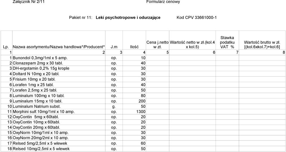 op. 80 9 Luminalum 15mg x 10 tabl. 0 10 Luminalum Natrium subst. g. 50 11 Morphini sulf.10mg/1ml x 10 amp. op. 1300 12 OxyContin 5mg x 60tabl. 13 OxyContin 10mg x 60tabl.