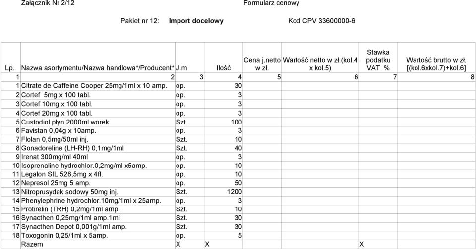 3 10 Isoprenaline hydrochlor.0,2mg/ml x5amp. 11 Legalon SIL 528,5mg x 4fl. 12 Nepresol 25mg 5 amp. op. 50 13 Nitroprusydek sodowy 50mg inj. Szt. 1200 14 Phenylephrine hydrochlor.