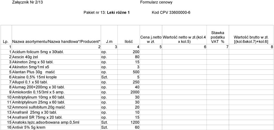 00 10 Amitriptylinum 10mg x 60 tabl. op. 30 11 Amitriptylinum 25mg x 60 tabl. op. 30 12 Ammonii sulfobitum.20g maść 13 Anafranil 25mg x 30 tabl.