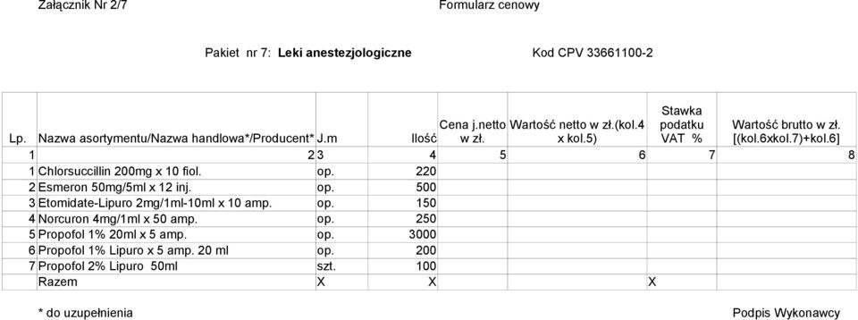 220 2 Esmeron 50mg/5ml x 12 inj. op. 500 3 Etomidate-Lipuro 2mg/1ml-10ml x 10 amp. op. 150 4 Norcuron 4mg/1ml x 50 amp.