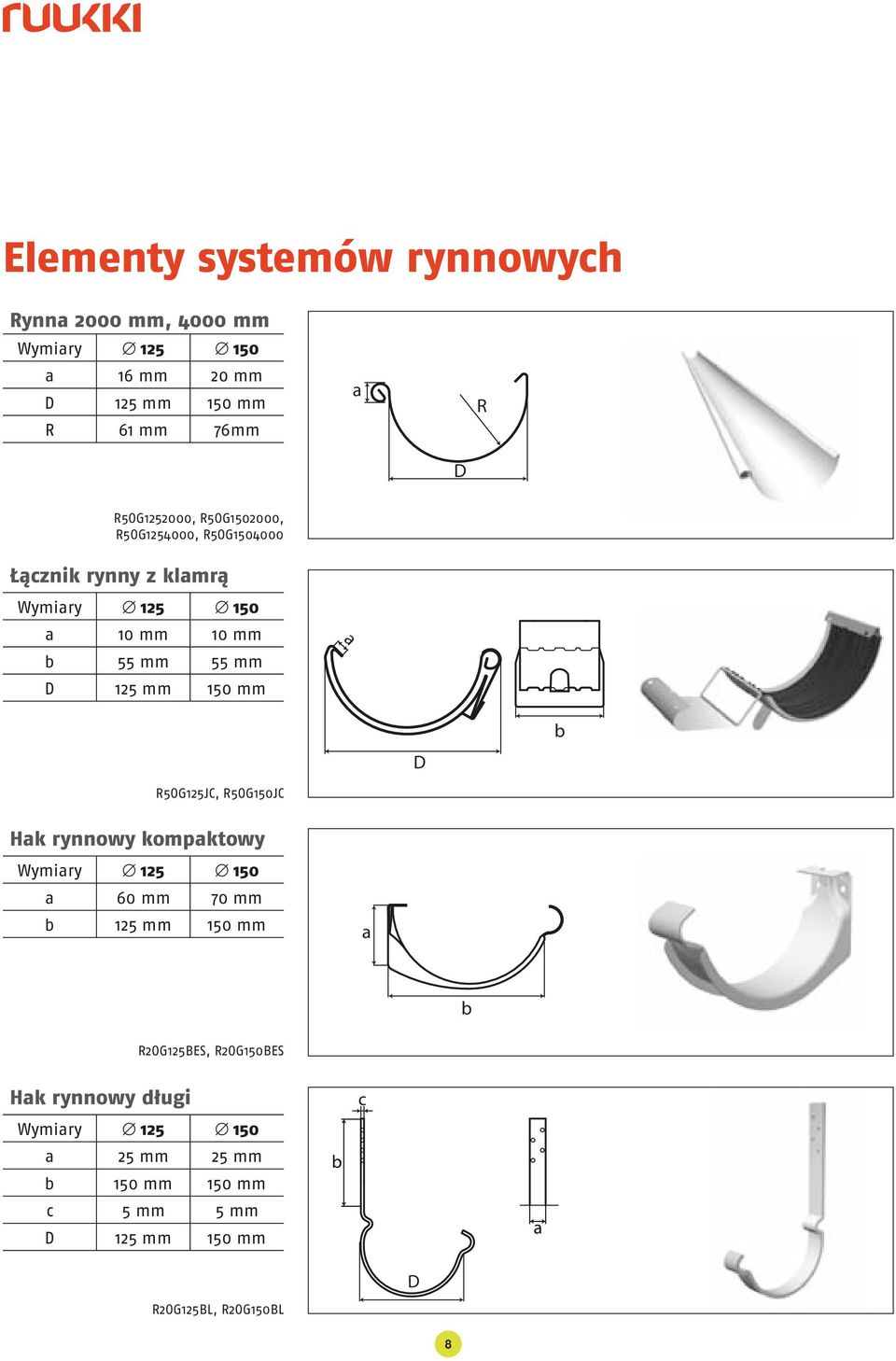 125 mm 150 mm D R5OG125JC, R5OG150JC Hk rynnowy kompktowy Wymiry 125 150 60 mm 70 mm 125 mm 150 mm R2OG125BES,