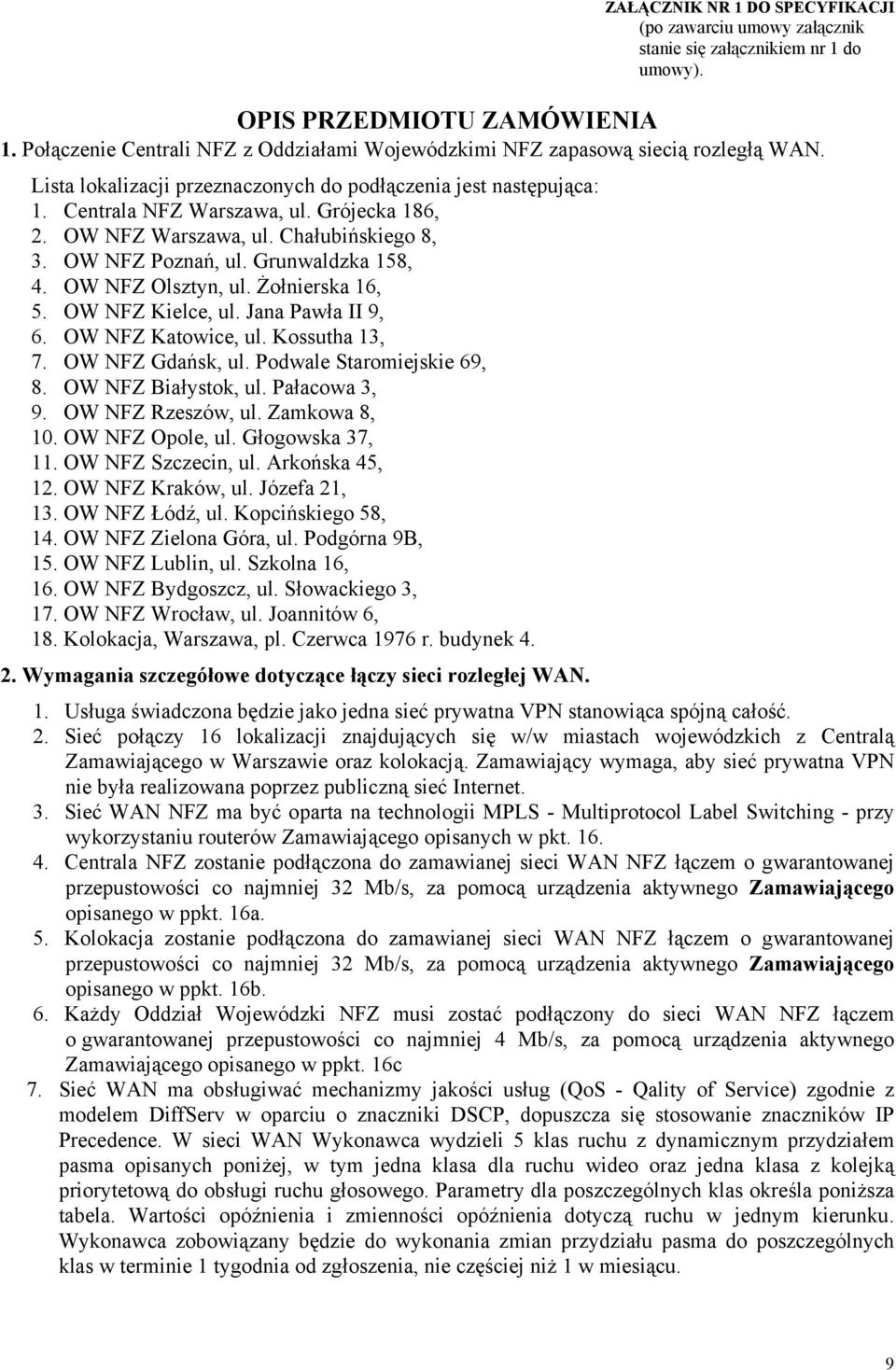 OW NFZ Warszawa, ul. Chałubińskiego 8, 3. OW NFZ Poznań, ul. Grunwaldzka 158, 4. OW NFZ Olsztyn, ul. Żołnierska 16, 5. OW NFZ Kielce, ul. Jana Pawła II 9, 6. OW NFZ Katowice, ul. Kossutha 13, 7.