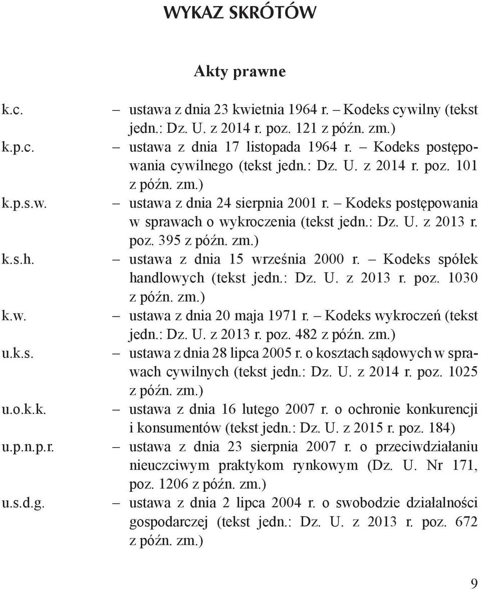 Kodeks postępowania w sprawach o wykroczenia (tekst jedn.: Dz. U. z 2013 r. poz. 395 z późn. zm.) ustawa z dnia 15 września 2000 r. Kodeks spółek handlowych (tekst jedn.: Dz. U. z 2013 r. poz. 1030 z późn.