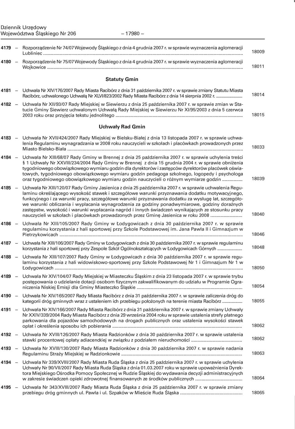 .. 18009 18011 Statuty Gmin 4181 Uchwała Nr XIV/176/2007 Rady Miasta Racibórz z dnia 31 października 2007 r.