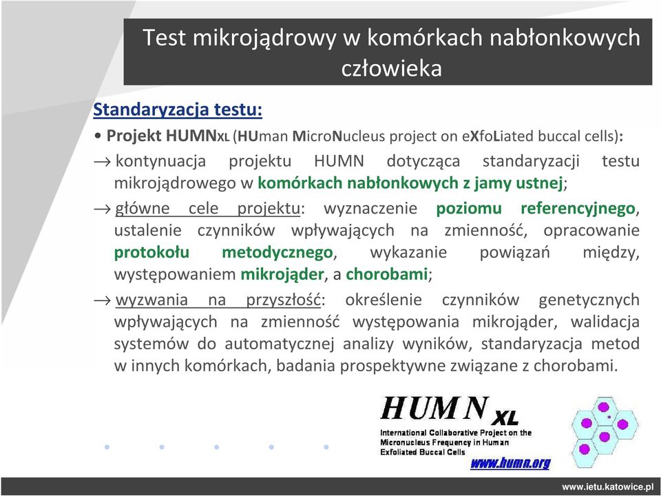 na zmienność, opracowanie protokołu metodycznego, wykazanie powiązań między, występowaniem mikrojąder, a chorobami; wyzwania na przyszłość: określenie czynników genetycznych