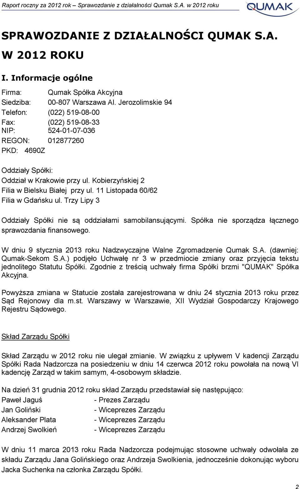 Kobierzyńskiej 2 Filia w Bielsku Białej przy ul. 11 Listopada 60/62 Filia w Gdańsku ul. Trzy Lipy 3 Oddziały Spółki nie są oddziałami samobilansującymi.