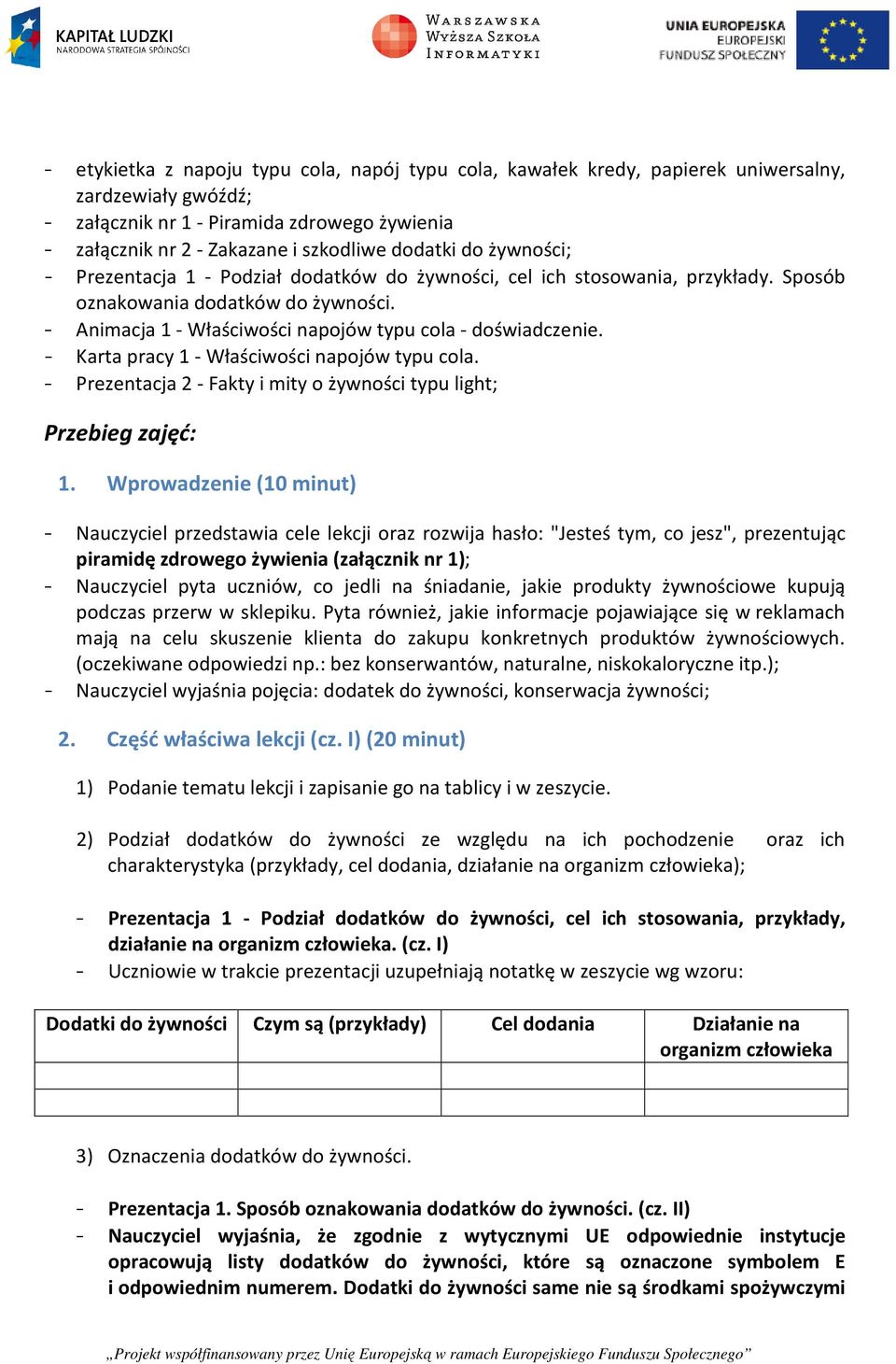 - Karta pracy 1 - Właściwości napojów typu cola. - Prezentacja 2 - Fakty i mity o żywności typu light; Przebieg zajęć: 1.