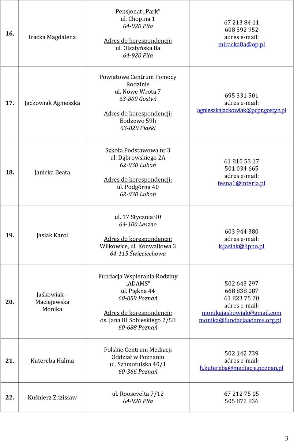 Podgórna 40 61 810 53 17 501 034 665 tesna1@interia.pl 19. Jasiak Karol ul. 17 Stycznia 90 Wilkowice, ul. Konwaliowa 3 64-115 Święciechowa 603 944 380 k.jasiak@lipno.pl 20.