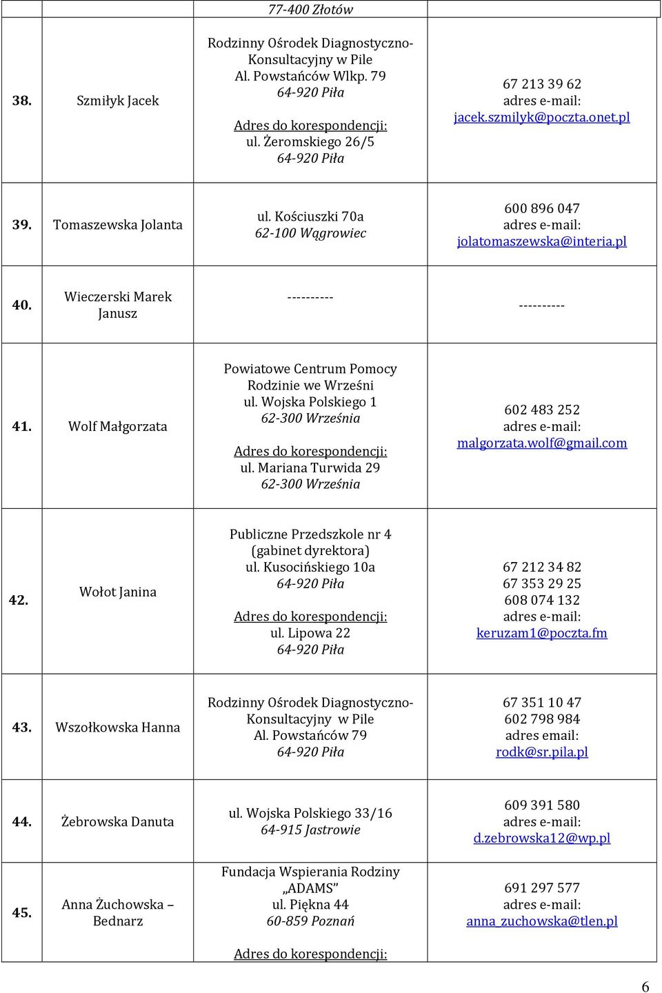 com 42. Wołot Janina Publiczne Przedszkole nr 4 (gabinet dyrektora) ul. Kusocińskiego 10a ul. Lipowa 22 67 212 34 82 67 353 29 25 608 074 132 keruzam1@poczta.fm 43. Wszołkowska Hanna Al.