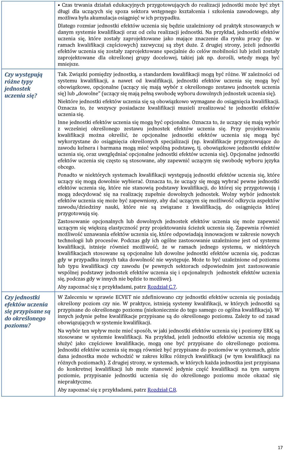 Na przykład, jednostki efektów uczenia się, które zostały zaprojektowane jako mające znaczenie dla rynku pracy (np. w ramach kwalifikacji częściowych) zazwyczaj są zbyt duże.