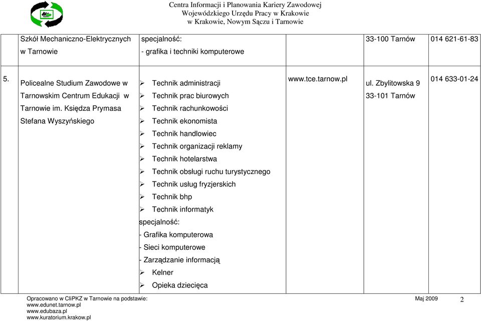 Zbylitowska 9 014 633-01-24 Tarnowskim Centrum Edukacji w Technik prac biurowych 33-101 Tarnów Tarnowie im.