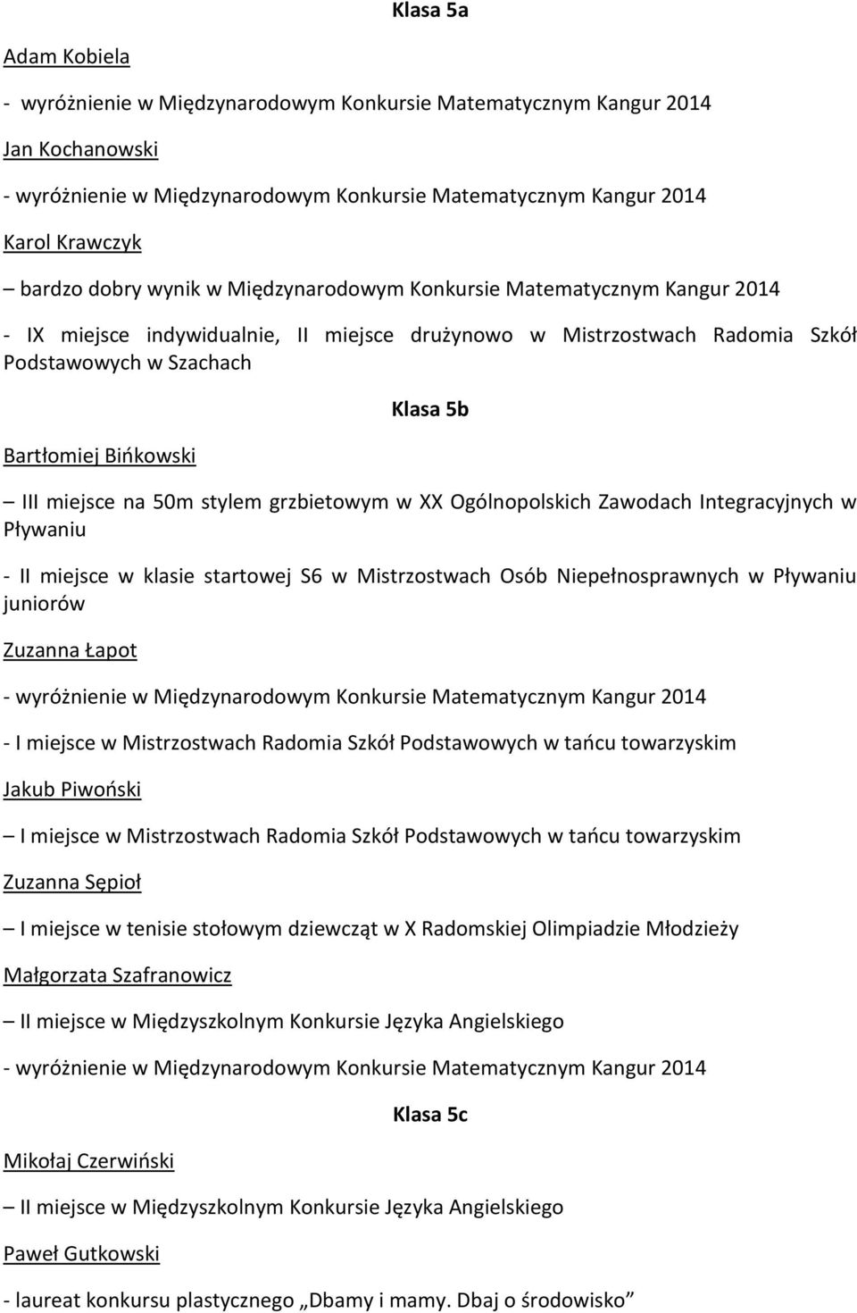 Mistrzostwach Osób Niepełnosprawnych w Pływaniu juniorów Zuzanna Łapot - I miejsce w Mistrzostwach Radomia Szkół Podstawowych w tańcu towarzyskim Jakub Piwoński I miejsce w Mistrzostwach Radomia