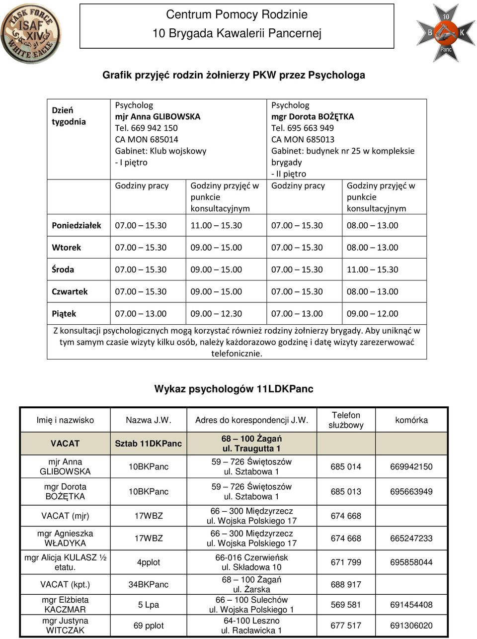 695 663 949 CA MON 685013 Gabinet: budynek nr 25 w kompleksie brygady - II piętro Godziny pracy Godziny przyjęć w punkcie konsultacyjnym Poniedziałek 07.00 15.30 11.00 15.30 07.00 15.30 08.00 13.