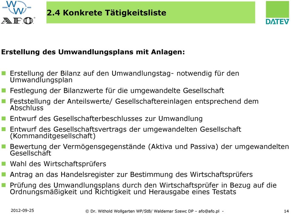 umgewandelten Gesellschaft (Kommanditgesellschaft) Bewertung der Vermögensgegenstände (Aktiva und Passiva) der umgewandelten Gesellschaft Wahl des Wirtschaftsprüfers Antrag an das Handelsregister zur