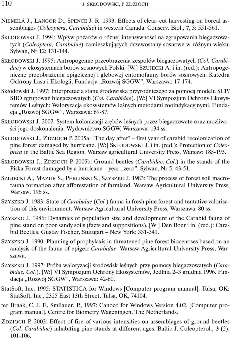 1995: Antropogenne przeobrażenia zespołów biegaczowatych (Col. Carabidae) w ekosystemach borów sosnowych Polski. [W:] SZUJECKI A. i in. (red.