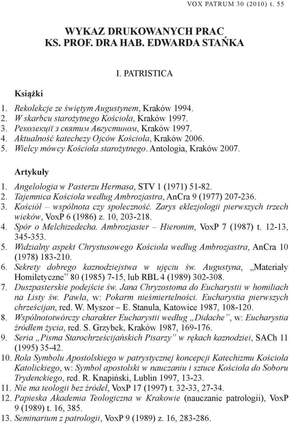 Antologia, Kraków 2007. Artykuły 1. Angelologia w Pasterzu Hermasa, STV 1 (1971) 51-82. 2. Tajemnica Kościoła według Ambrozjastra, AnCra 9 (1977) 207-236. 3. Kościół wspólnota czy społeczność.