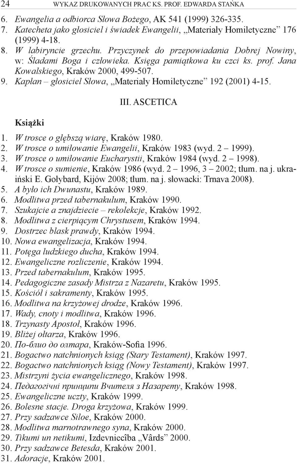 Kapłan głosiciel Słowa, Materiały Homiletyczne 192 (2001) 4-15. III. ASCETICA Książki 1. W trosce o głębszą wiarę, Kraków 1980. 2. W trosce o umiłowanie Ewangelii, Kraków 1983 (wyd. 2 1999). 3.