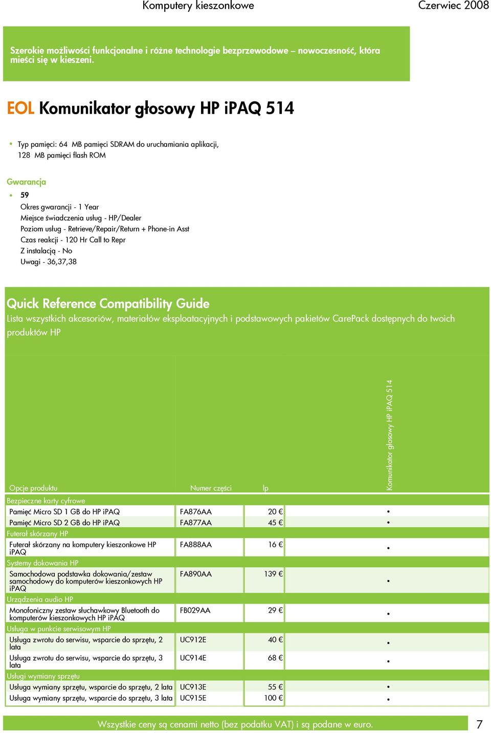 Poziom usług - Retrieve/Repair/Return + Phone-in Asst Czas reakcji - 120 Hr Call to Repr Z instalacją - No Uwagi - 36,37,38 Quick Reference Compatibility Guide Lista wszystkich akcesoriów, materiałów