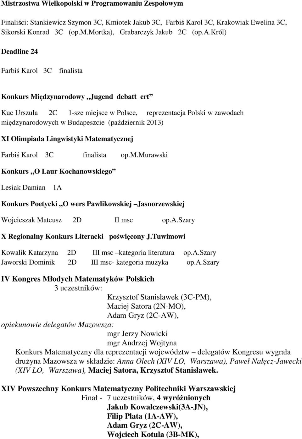 owaniu Zespołowym Finaliści: Stankiewicz Szymon, Kmiotek Jakub, Farbiś Karol, Krakowiak Ewelina, Sikorski Konrad (op.m.mortka), Grabarczyk Jakub 2C (op.a.król) Deadline 24 Farbiś Karol Konkurs