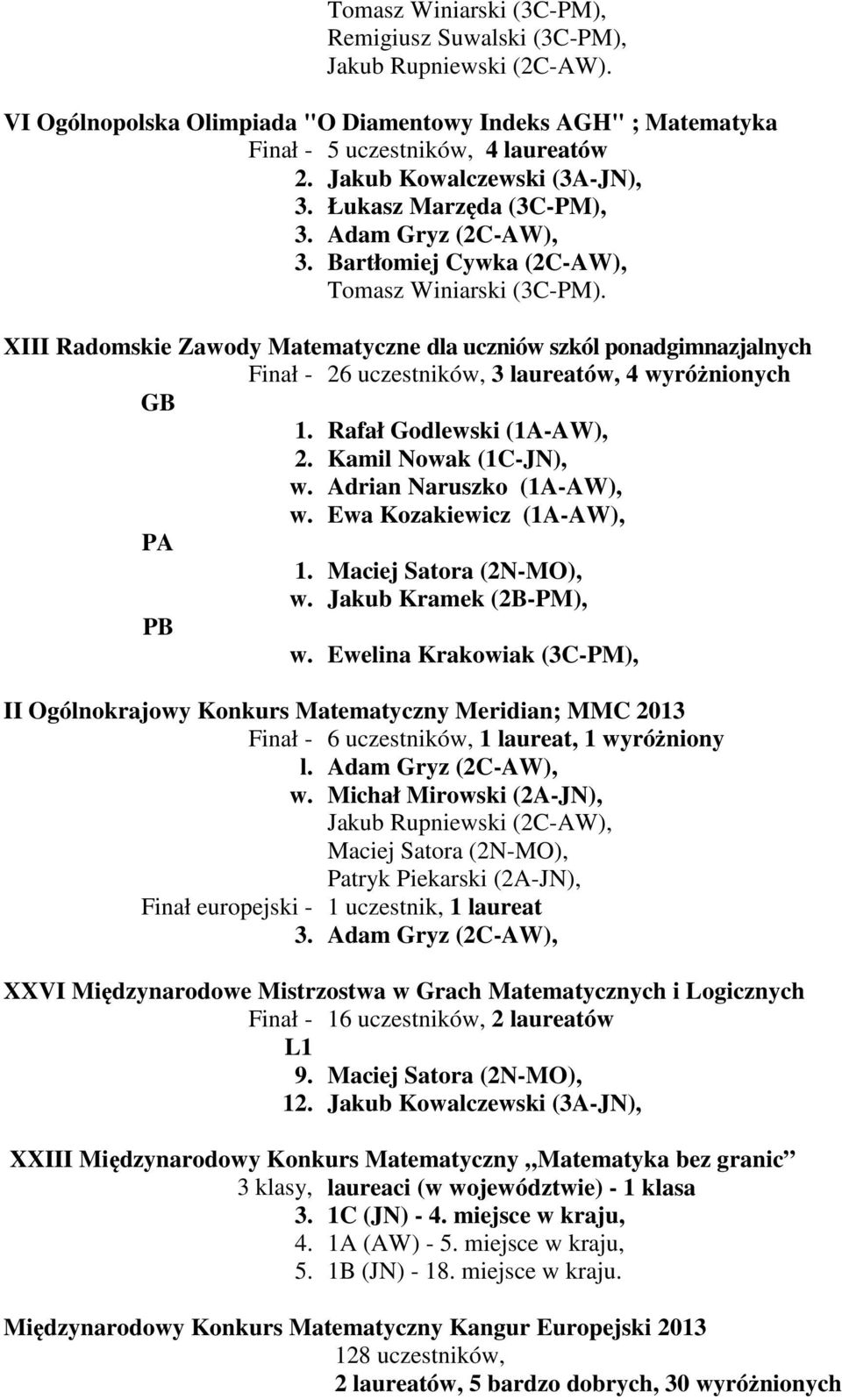 XIII Radomskie Zawody Matematyczne dla uczniów szkól ponadgimnazjalnych Finał - 26 uczestników, 3 ów, 4 wyróżnionych GB 1. Rafał Godlewski (-AW), 2. Kamil Nowak (1C-JN), w. Adrian Naruszko (-AW), w.