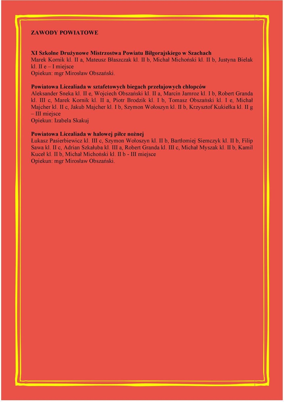 I b, Robert Granda kl. III c, Marek Kornik kl. II a, Piotr Brodzik kl. I b, Tomasz Obszański kl. I e, Michał Majcher kl. II c, Jakub Majcher kl. I b, Szymon Wołoszyn kl. II b, Krzysztof Kukiełka kl.