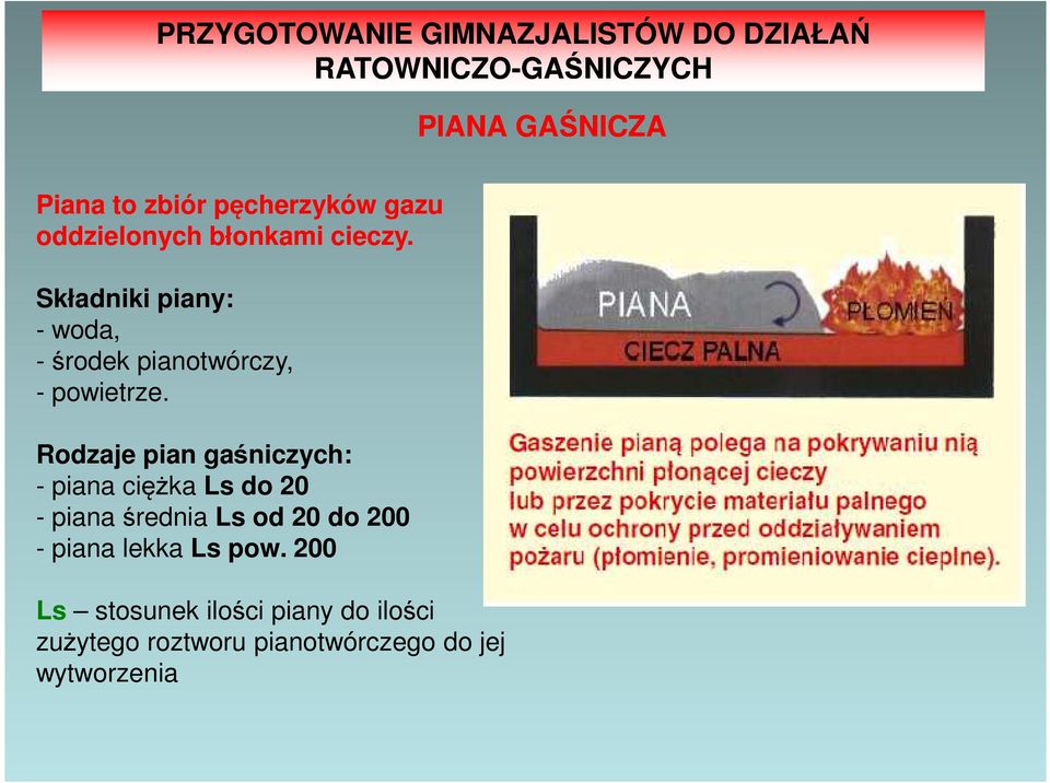 Rodzaje pian gaśniczych: - piana ciężka Ls do 20 - piana średnia Ls od 20 do 200 -