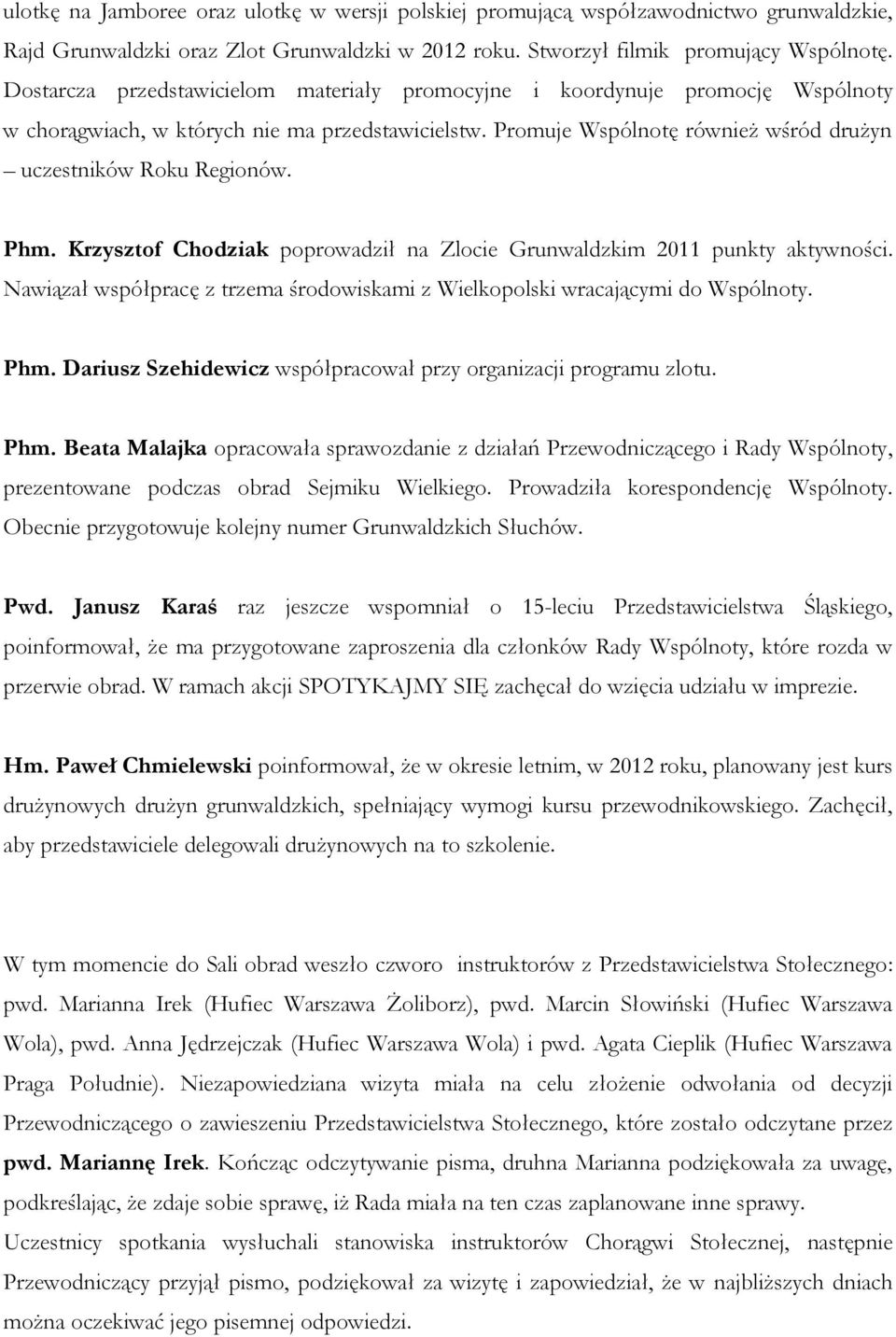 Phm. Krzysztof Chodziak poprowadził na Zlocie Grunwaldzkim 2011 punkty aktywności. Nawiązał współpracę z trzema środowiskami z Wielkopolski wracającymi do Wspólnoty. Phm.