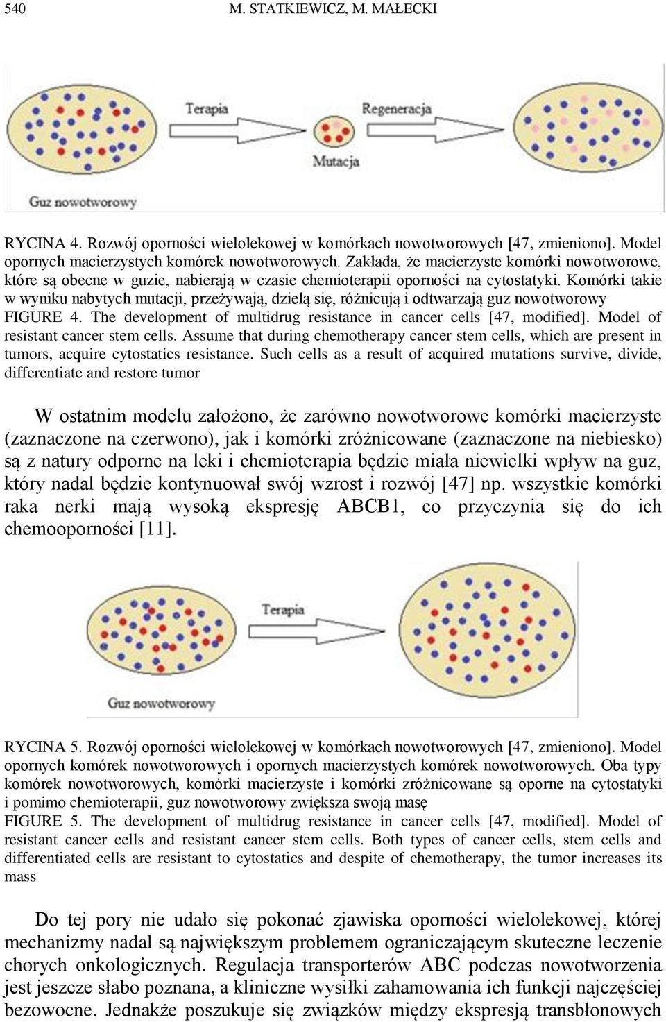 Komórki takie w wyniku nabytych mutacji, przeżywają, dzielą się, różnicują i odtwarzają guz nowotworowy FIGURE 4. The development of multidrug resistance in cancer cells [47, modified].