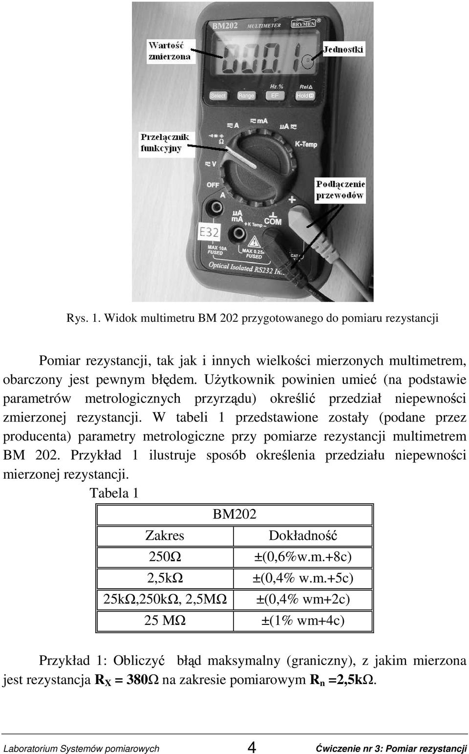 W tabeli 1 przedstawione zostały (podane przez producenta) parametry metrologiczne przy pomiarze rezystancji multimetrem BM 202.