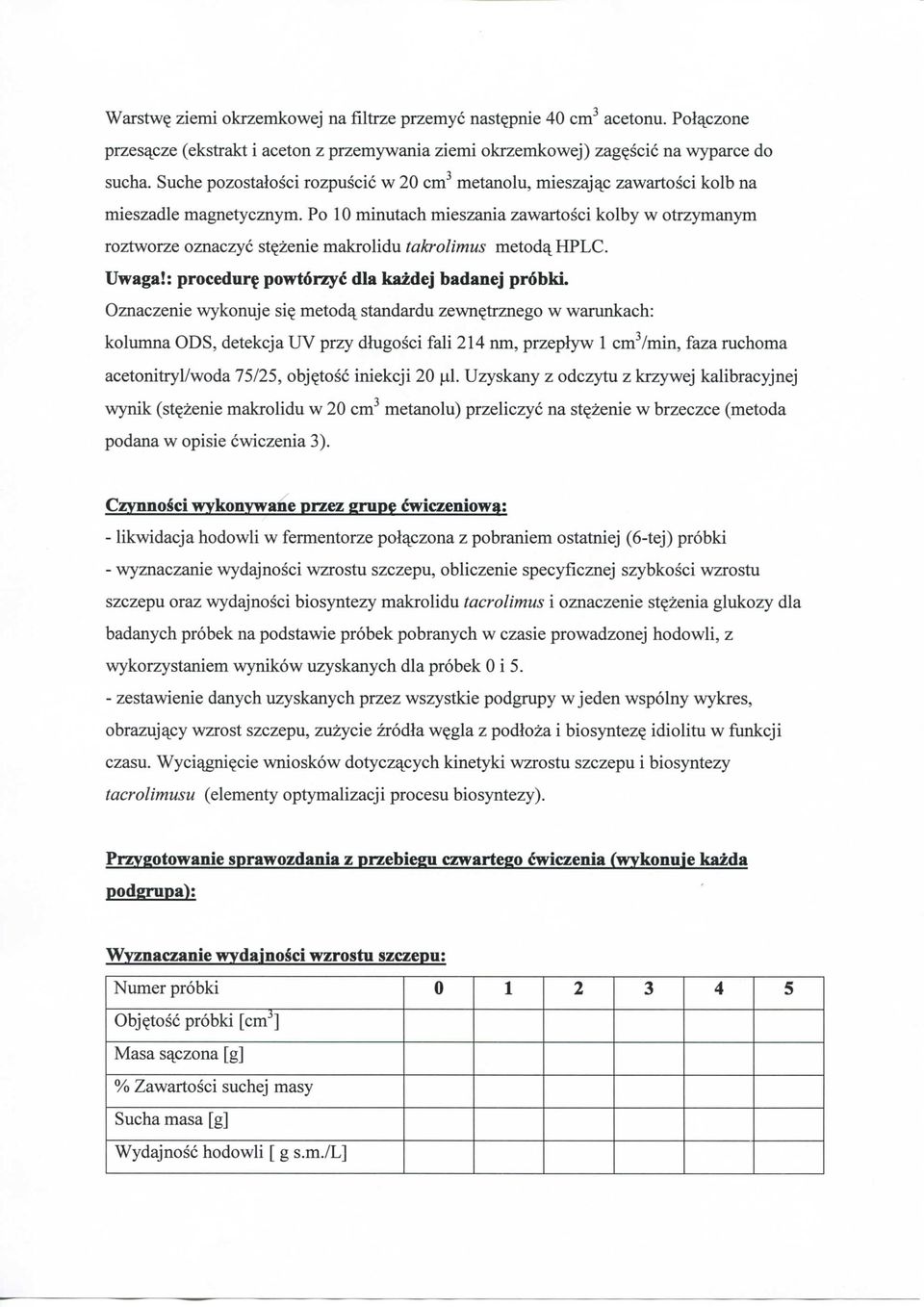 Po 10 minutach mieszania zawartosci kolby w otrzymanym roztworze oznaczyc st^zenie makrolidu takrolimus metod^hplc. Uwaga!: procedure powtorzyc dla kazdej badanej probki.