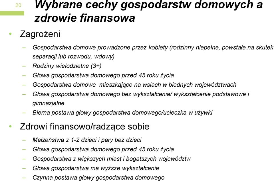 wykształcenia/ wykształcenie podstawowe i gimnazjalne Bierna postawa głowy gospodarstwa domowego/ucieczka w używki Zdrowi finansowo/radzące sobie Małżeństwa z 1-2 dzieci i pary bez