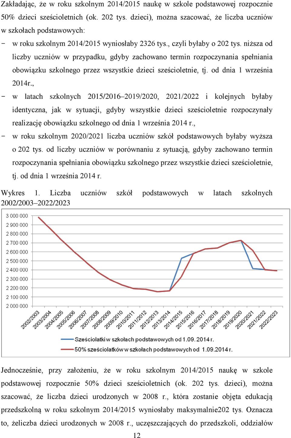 niższa od liczby uczniów w przypadku, gdyby zachowano termin rozpoczynania spełniania obowiązku szkolnego przez wszystkie dzieci sześcioletnie, tj. od dnia 1 września 2014r.