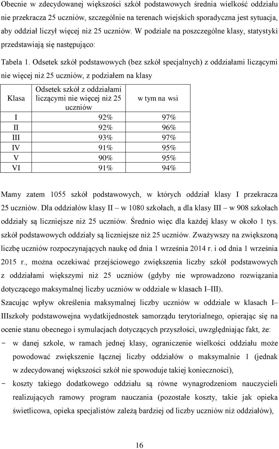 Odsetek szkół podstawowych (bez szkół specjalnych) z oddziałami liczącymi nie więcej niż 25 uczniów, z podziałem na klasy Klasa Odsetek szkół z oddziałami liczącymi nie więcej niż 25 w tym na wsi